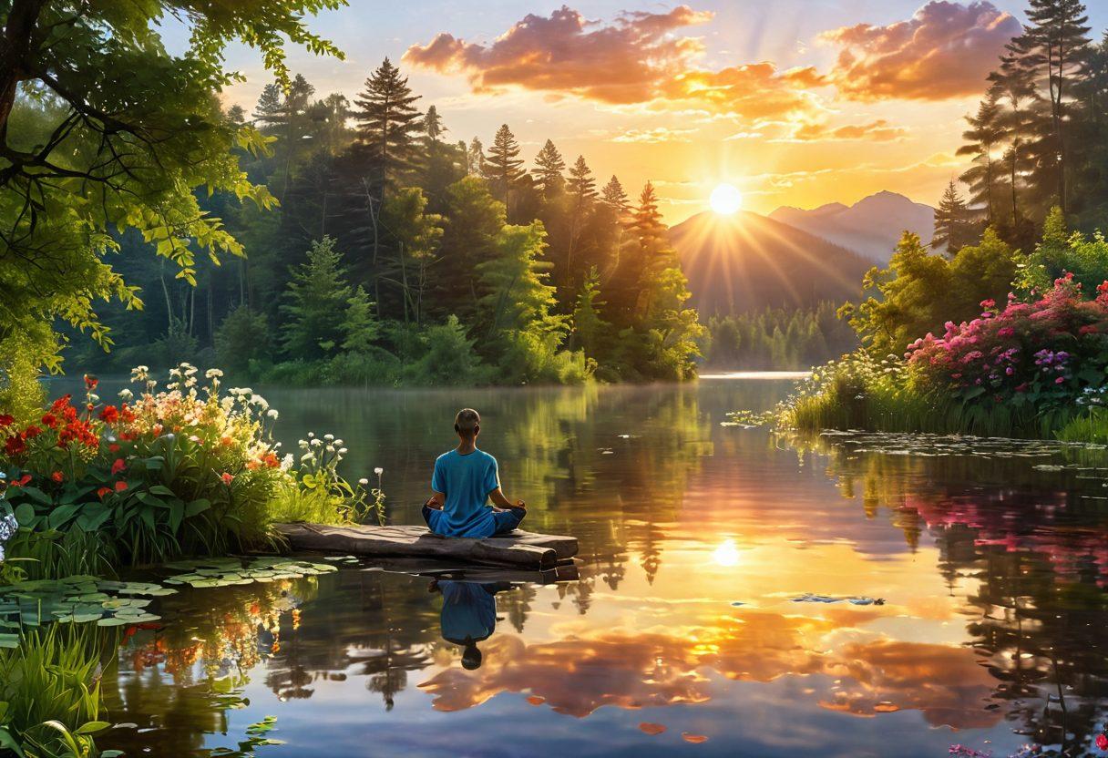 A serene landscape depicting a tranquil sunrise over a calm lake, with a person meditating on the shore surrounded by lush greenery and blooming flowers, symbolizing emotional well-being. Soft rays of sunlight breaking through the clouds create a warm, inviting atmosphere. Vivid colors enhance the sense of ecstasy and serenity. super-realistic. vibrant colors. peaceful ambiance.