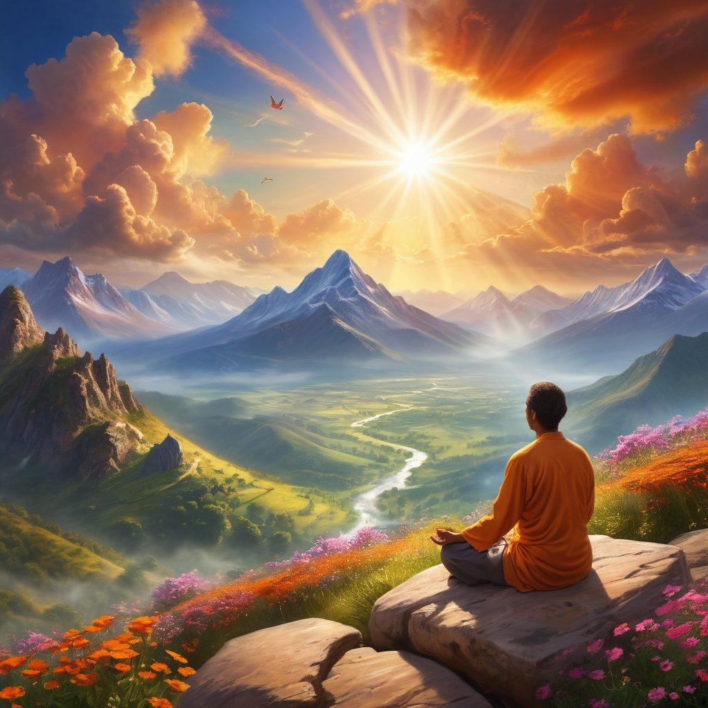 A serene scene featuring a person meditating on a mountaintop, bathed in warm sunlight with clouds gently rolling below. Surrounding them are symbols of joy and bliss, like blooming flowers and radiant butterflies, signifying enlightenment. In the background, a picturesque view of valleys and shimmering rays of the sun stream down. The colors should be soft, inviting, and full of warmth to evoke a sense of peace. vibrant colors. super-realistic.