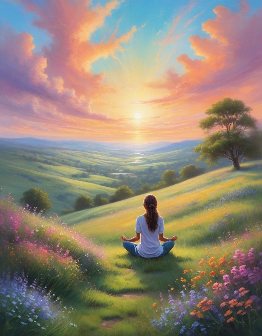 A serene landscape featuring a peaceful person meditating atop a grassy hill under a gentle sunrise, surrounded by blooming wildflowers that symbolize happiness. Soft pastel colors radiate warmth and tranquility, with swirling clouds above that resemble thoughts transforming into bliss. An ethereal glow envelops the scene, conveying a sense of inner peace and contentment. artistic painting. vibrant colors. soft focus.